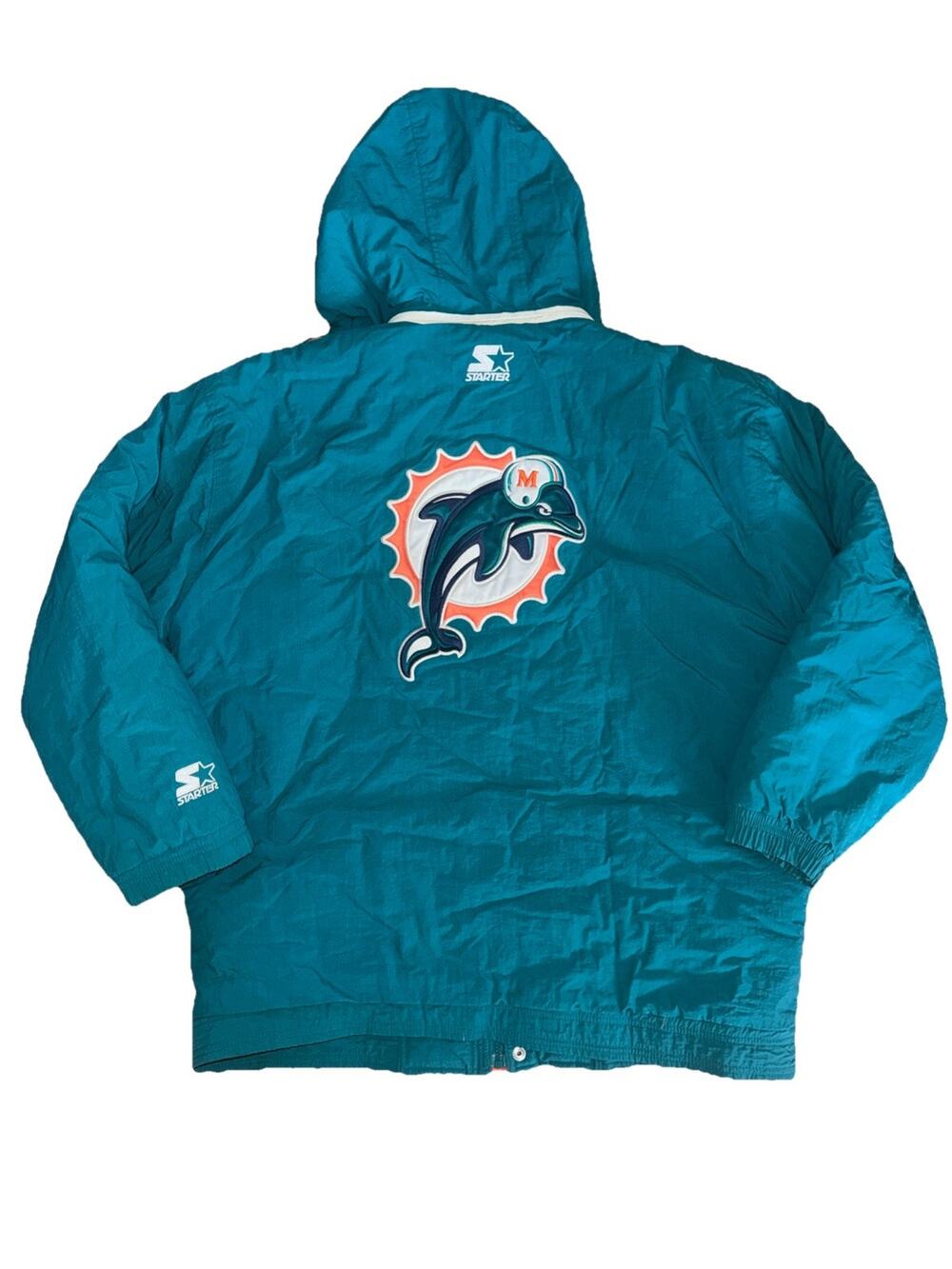 Vintage 90s Miami Dolphins Starter Puffer Jacket L Full Zip Hooded NFL